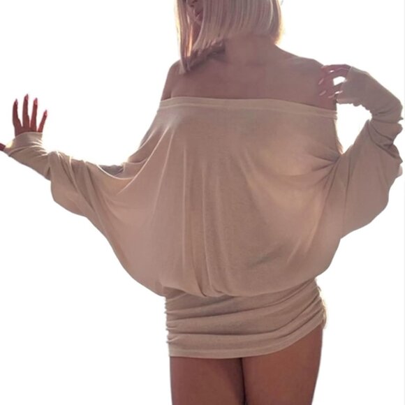 Women Apricot Off Shoulde  Ruched Casual Going Out Long Sleeve Mini Dress - Picture 2 of 6